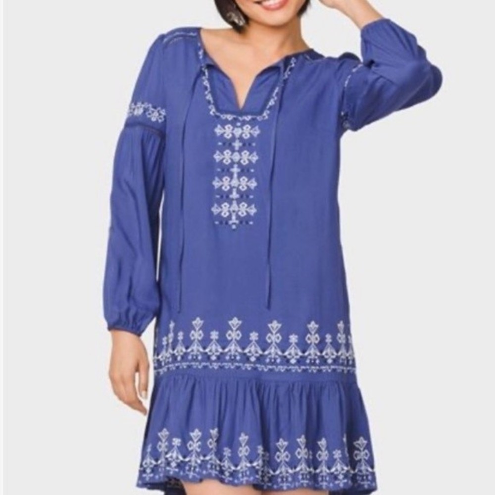 Westport Embroidered Bohemian Tunic Pullover Dress Blue / White Size S